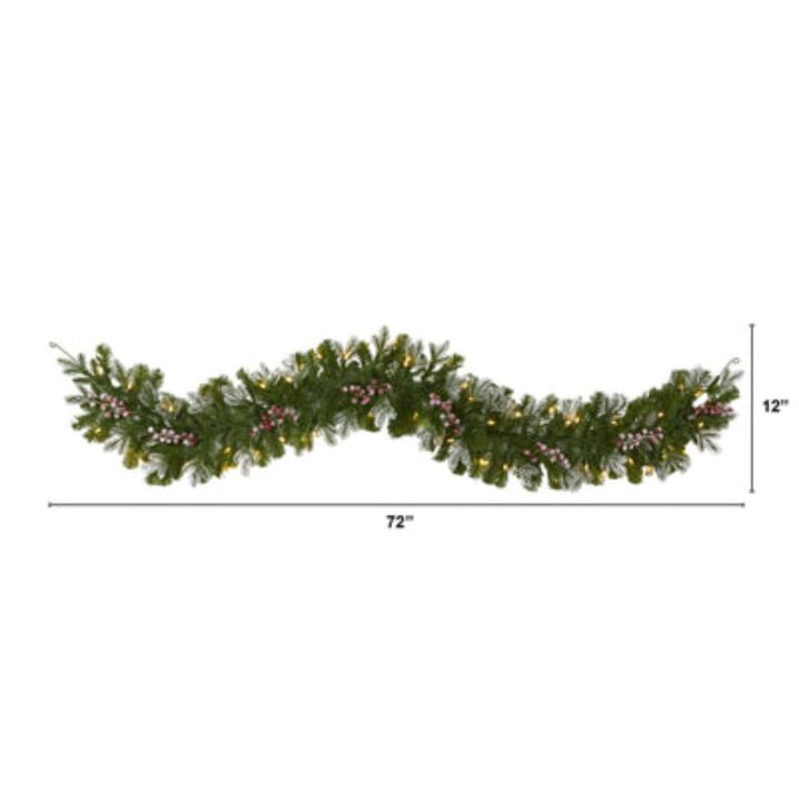 HomPlanti 6' Snow Tipped Artificial Christmas Garland with 50 Warm White LED Lights and Berries