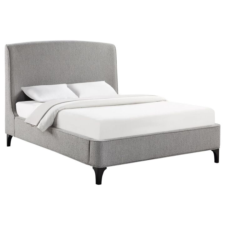 Benjara Mabe Queen Size Bed, Curved Panel Headboard, Soft Gray Fabric Upholstered