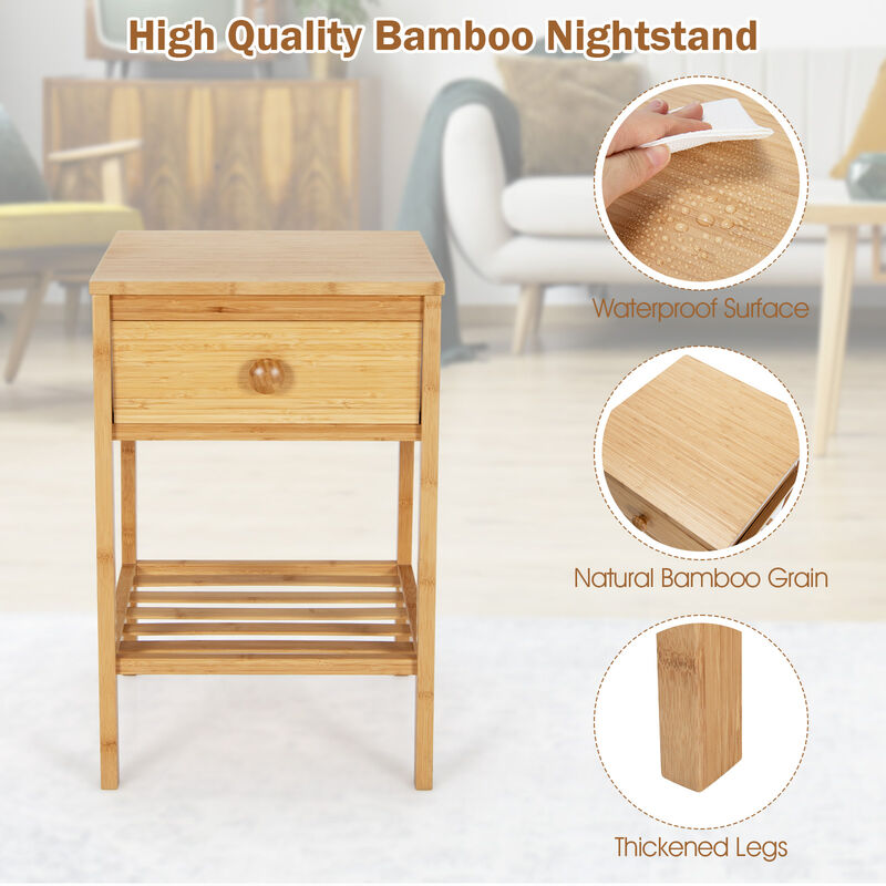 Set of 2 Bamboo End Tables with Drawer and Open Shelf-Natural