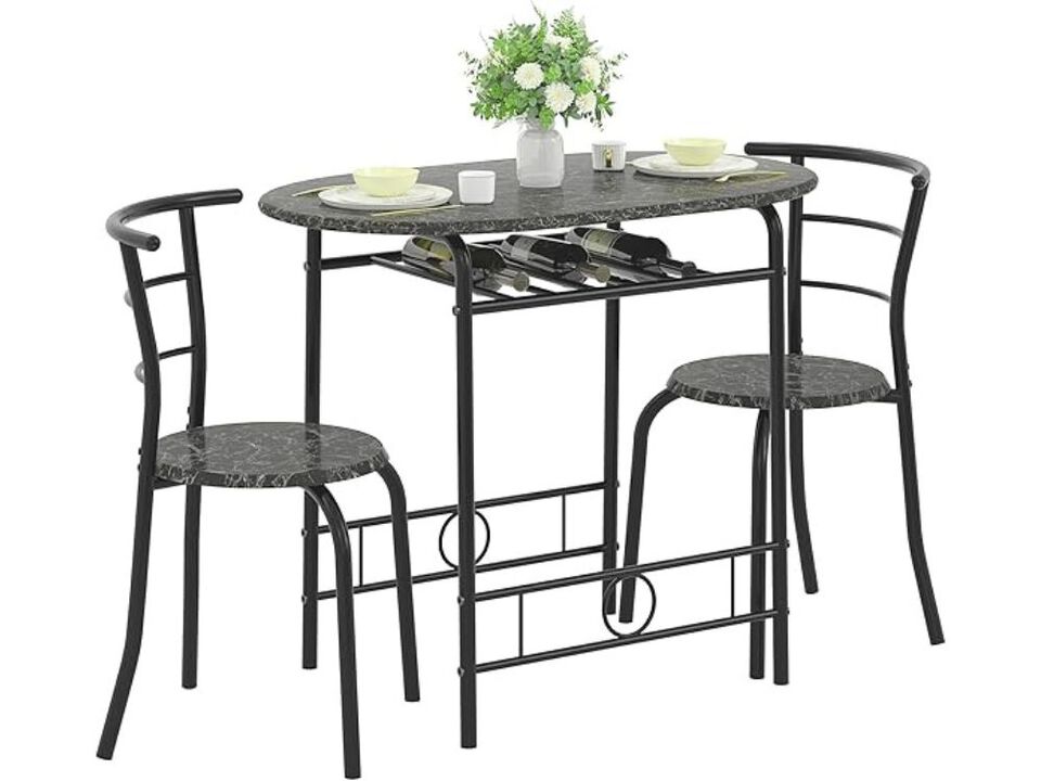 Dining Set &ndash; 3‑Piece 43.3" Oval Faux Marble Table with 2 Benches & Wine Rack