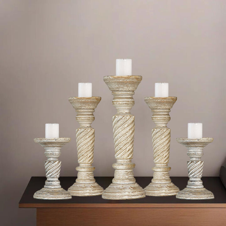 Traditional Antique White Eco-friendly Handmade Mango Wood Set Of Five 6",9",12",9" & 6" Pillar Candle Holder BBH Homes