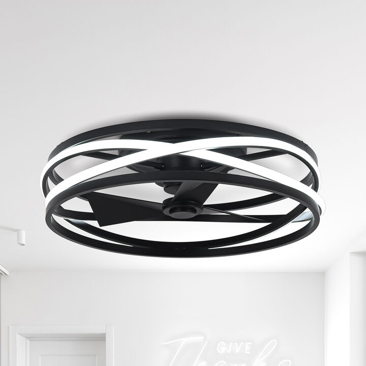 20 in. Black Caged Propeller Ceiling Fan with Light Strip and Remote