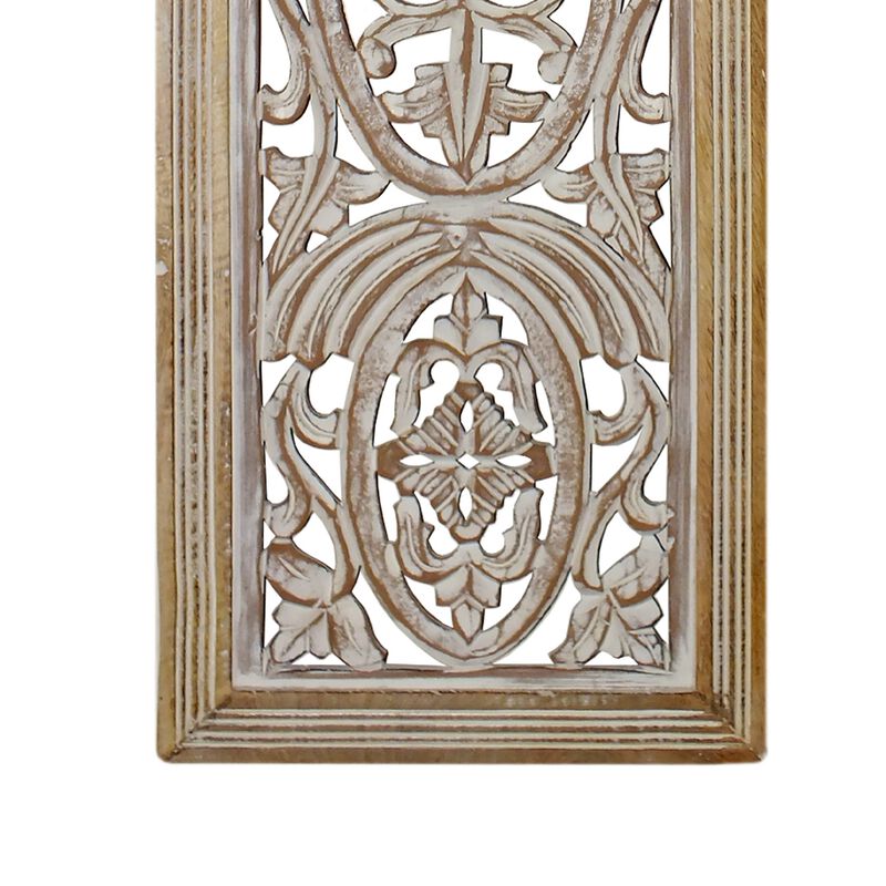 Rectangular Mango Wood Wall Panel Hand Crafted With Intricate Carving, White and Brown-Benzara image number 3