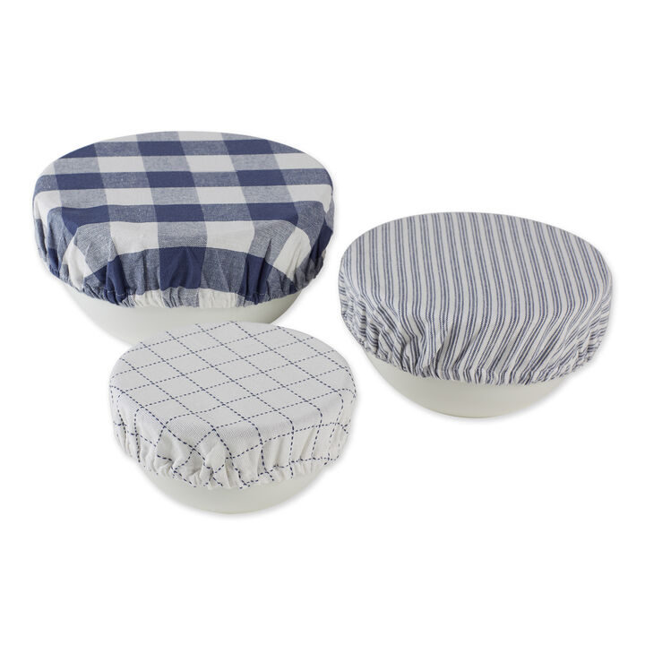 Set of 3 10" Assorted Blue and White Stone Buffalo Check Woven Dish Covers