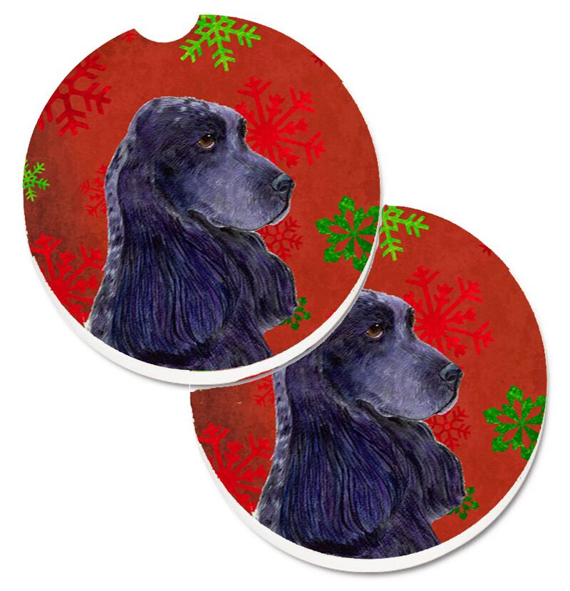 Caroline's Treasures Cocker Spaniel Red green Snowflakes Christmas Set of 2 Cup Holder Car Coasters SS4678CARC, 2.56, Multicolor image number 0