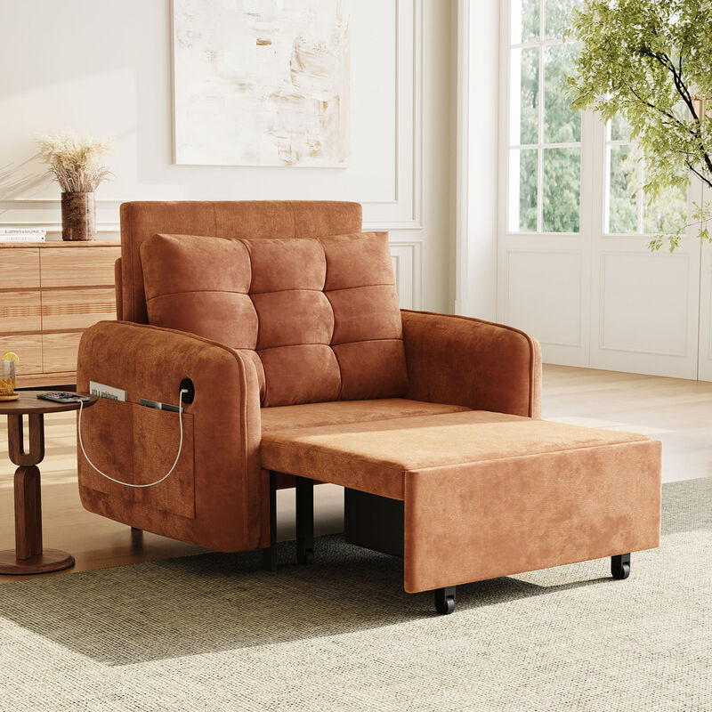 3-in-1 Sleeper Chair Chenille Sofa Bed, 80" Extra Long Pull Out Sleeping Lounge with USB Charging, Storage Pockets and Box image number 3