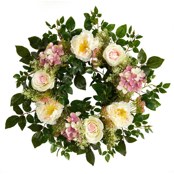 Nearly Natural 22-in Mixed Rose and Hydrangea Artificial Wreath