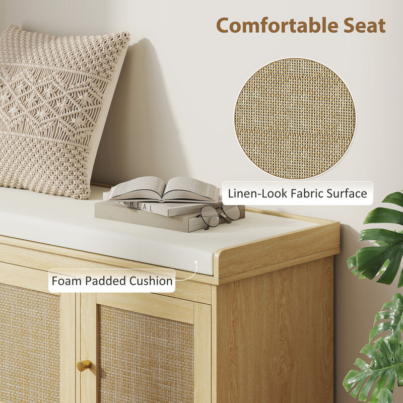 Hivvago Entryway Shoe Bench with Woven Doors and Shelves image number 4