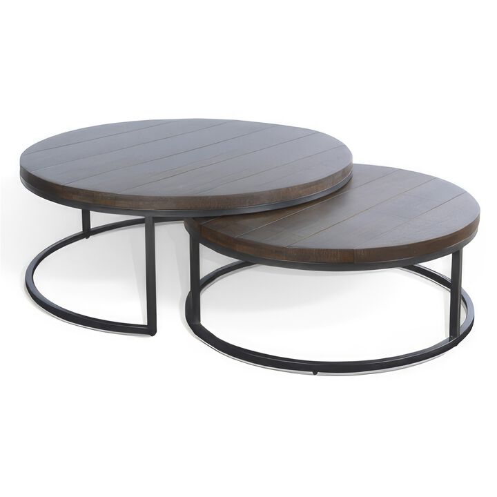 Rena 2 Piece Nesting Coffee Tables, Dark Brown Mahogany, Black Metal - Benzara