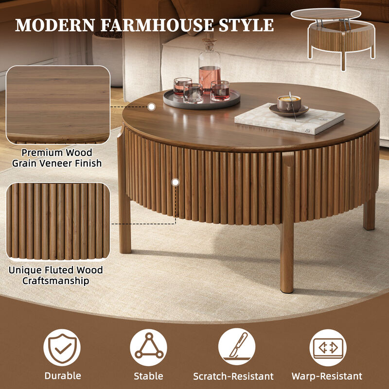 Whisen 30.3" Round Lift Top Coffee Table, Solid Wood Hidden Storage Modern Farmhouse Center Table for Living Room image number 6