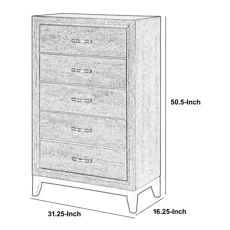 5 Drawer Transitional Chest with Chamfered Feet and Curved Handles, Gray - Benzara