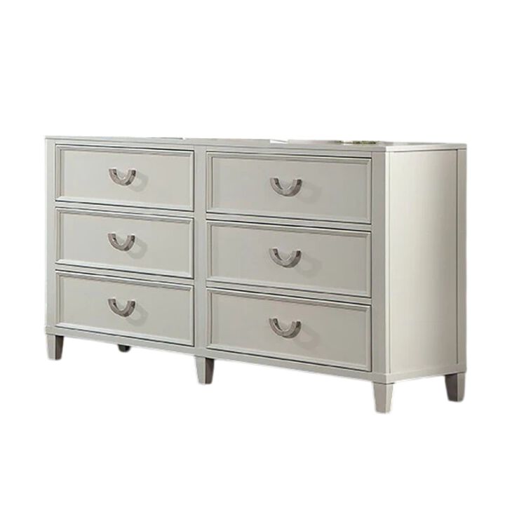 Roly Wide Dresser with 6 Drawers, Chrome Hanging Handles, Gray Wood