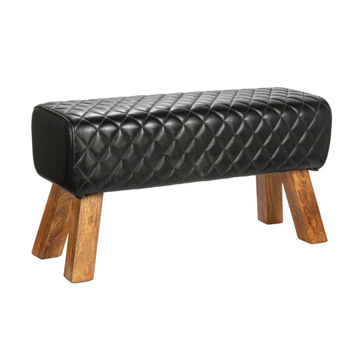 Stitched Leather and Wood Bench, Camel and Natural