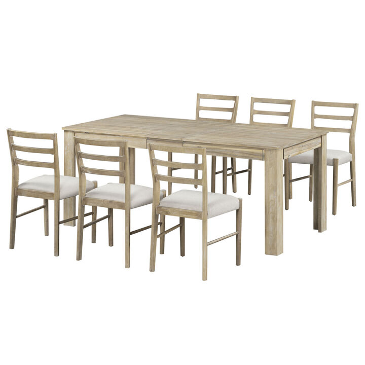 7-Piece Wooden Dining Table Set Mutifunctional Extendable Table with 12” Leaf and 2 Drawers, 6 Dining Chairs with Soft Cushion (Natural Wood Wash)