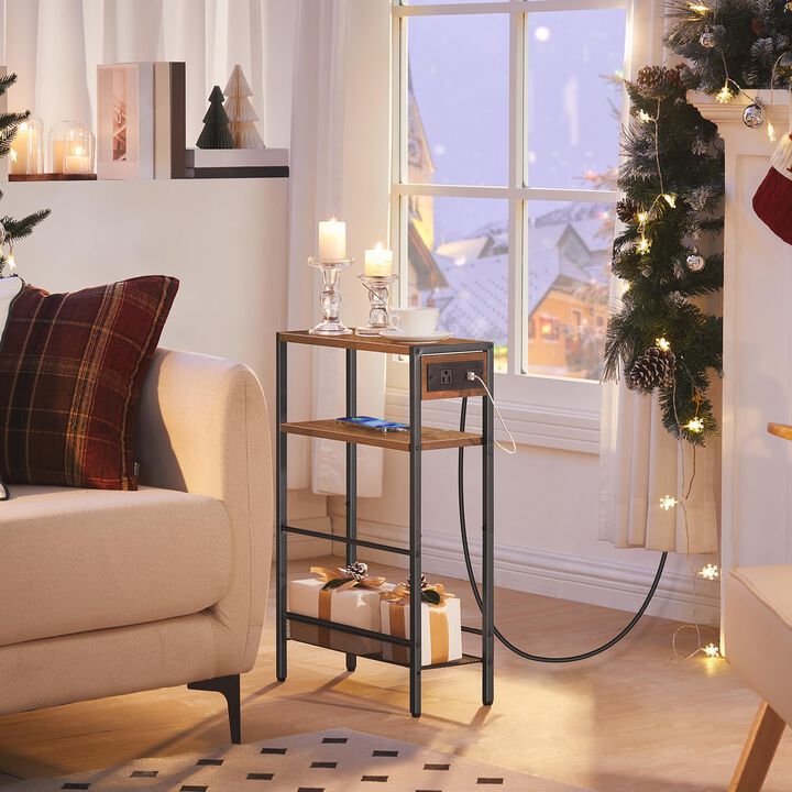 Compact Side Table with Charging Station for Living Room or Bedroom- Brown