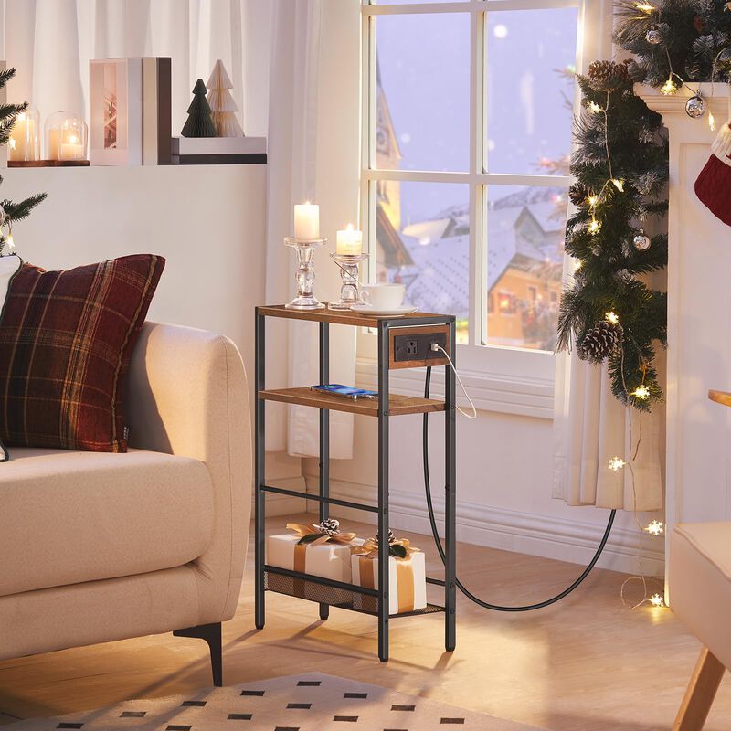 Compact Side Table with Charging Station for Living Room or Bedroom- Brown image number 1