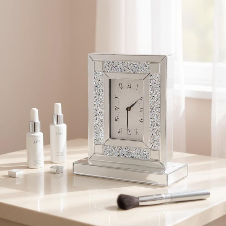 HomeRoots 16" Silver And White Faux Crystal And Mirrored Glass Table Clock