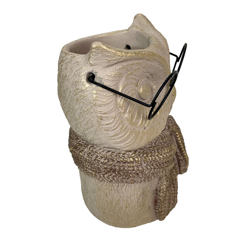 Bespectacled Owl Cement Vase 8.25" Gold Accents Knit Scarf Real Wire Glasses image number 4