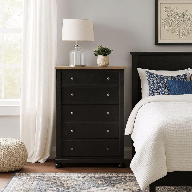 Ginie Tall Dresser Chest, 5 Drawers and Farmhouse Legs, Black Brown