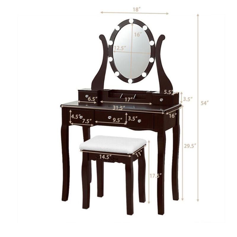 Hivvago 10 Dimmable Lights Vanity Table Set with Lighted Mirror and Cushioned Stool