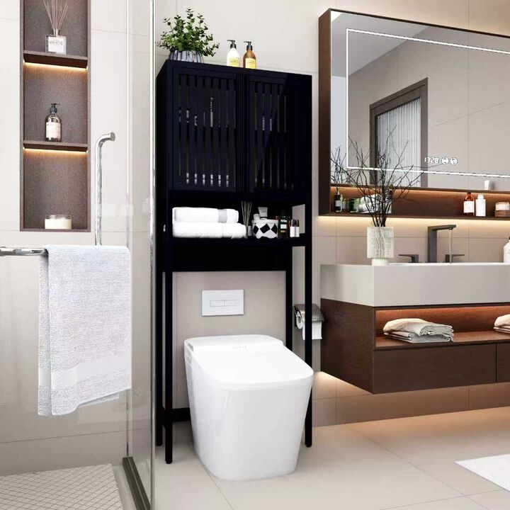 ELEMENT ACE Freestanding Bamboo Toilet Storage Rack with Louvered Doors for Space Saving Organization