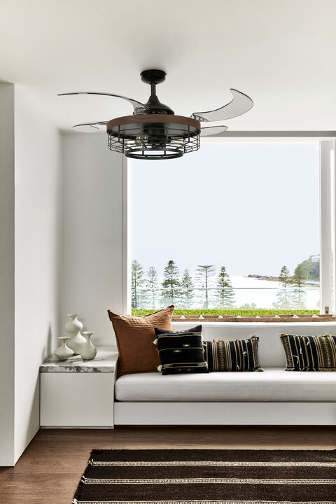 Fanaway Montclair 48" Retractable Blade Ceiling Fan with Light and Remote, Modern Fandelier Ceiling Fan, Patented Design Technology, Stronger Thicker Blades, Black with Koa Trim