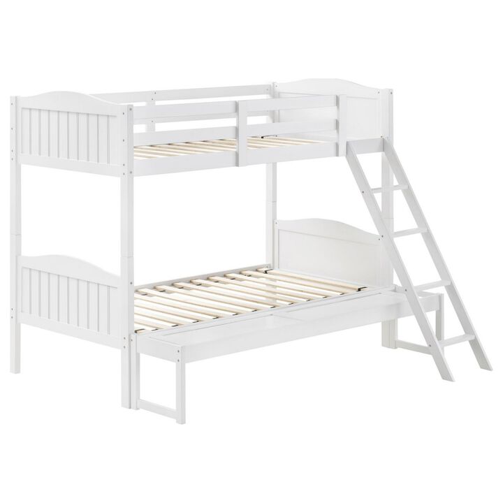 Laro Twin over Full Bunk Bed, Attached Ladder, Guard Rails, White Wood - Benzara