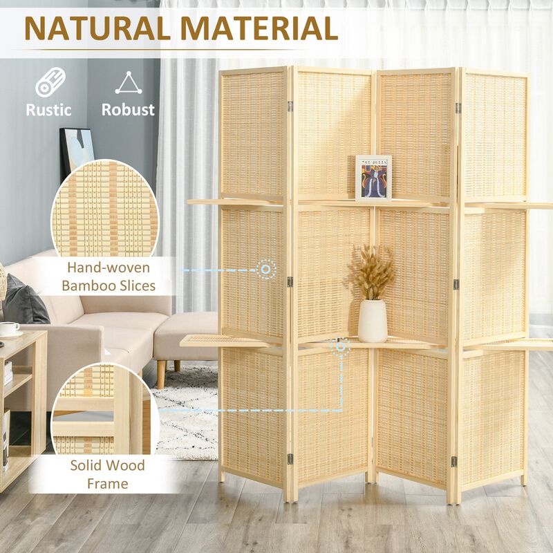 4 Panel Bamboo Room Divider, 6ft Folding Wall Divider with 2 Display Shelves for Bedroom and Office, Natural Wood