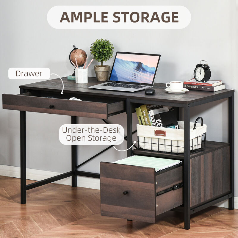 HOMCOM Industrial Style Home Office Desk with Filing Cabinet Storage Drawer for Letter Size Papers and Steel Frame, Black/Walnut