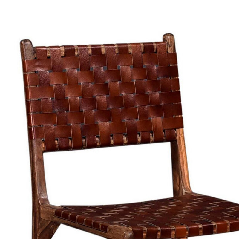 34 Inch Set of 2 Wood Dining Chairs, Leather Woven Back and Seat, Brown-Benzara