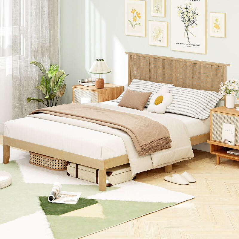 Modern Bed Frame with Rattan Headboard and Wood Slat Support-Natural image number 3