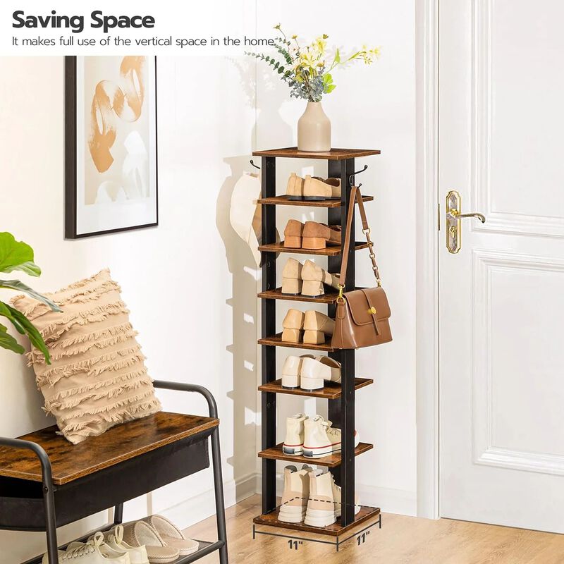 Vertical Shoe Storage Rack with 8 Tiers and Side Hooks for Organization- Brown image number 5