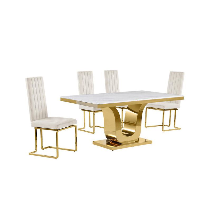 5pc Small(66") marble top dining set with gold base and 4 Cream side chairs