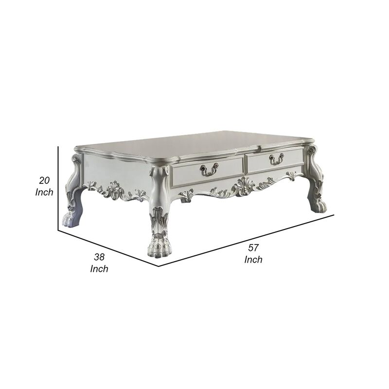 Benjara Ally 57 Inch Coffee Table, Aspen Wood, Classic Ornate Scrollwork, White and Silver