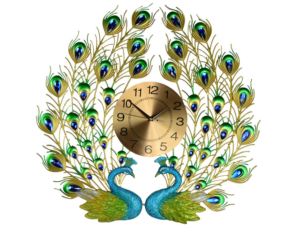 HomeRoots 25" Blue Green And Gold Metal Silent Analog Peacock Novelty Wall Clock