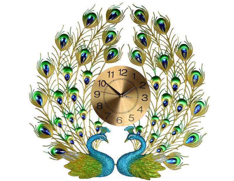 HomeRoots 25" Blue Green And Gold Metal Silent Analog Peacock Novelty Wall Clock image number 0