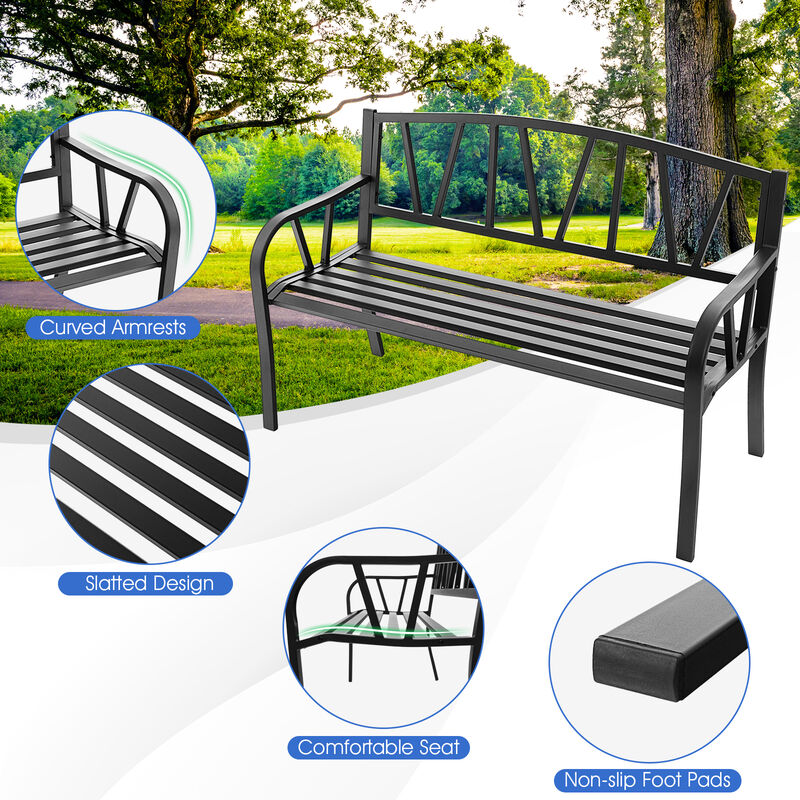 Patio Garden Bench with Metal Frame and Slatted Seat-Black