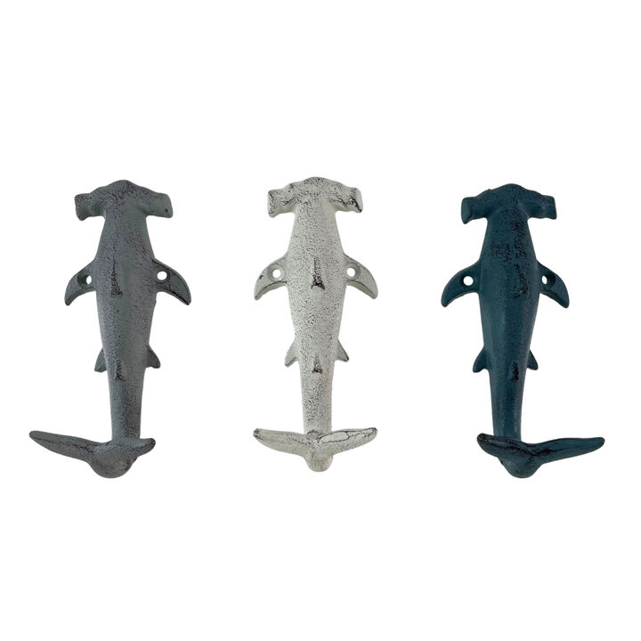 Charming Hammerhead Shark Wall Hooks Set &ndash; Decorative Cast Iron Hooks in Blue, Gray, and White, Nautical Decor for Beachy Spaces, 5 Inches High