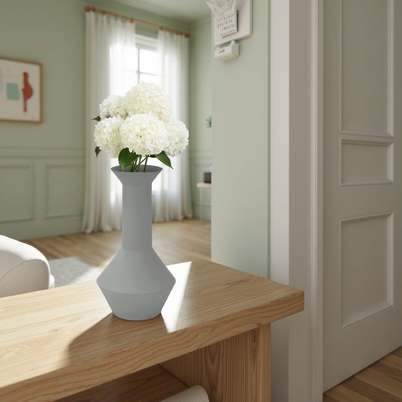 Accent Flower Vase, Narrow Neck Geometric Shape White Ceramic 14 Inch - Benzara