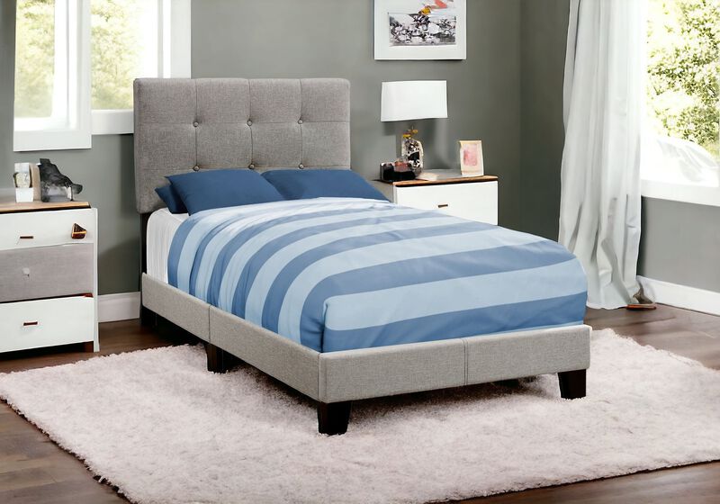 Tufted Upholstered Linen Bed Frame with Nailhead Trim and Padded Headboard