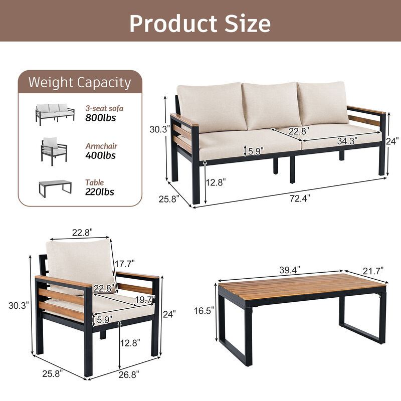 Whisen 4-Piece Outdoor Furniture Sofa Set, Patio Conversation Set with Removable Cushion and Solid Wood Coffee Table image number 4
