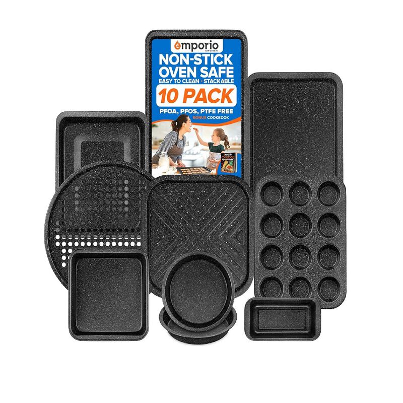 Stackable Baking Pan Set - Nonstick Gray Marble Coating, Carbon Steel Bakeware Sets, PFOA, PFOS, PTFE Free, Recipe Booklet Included, Oven Safe Tray (Up To 450° F), Set of 10 - Gray