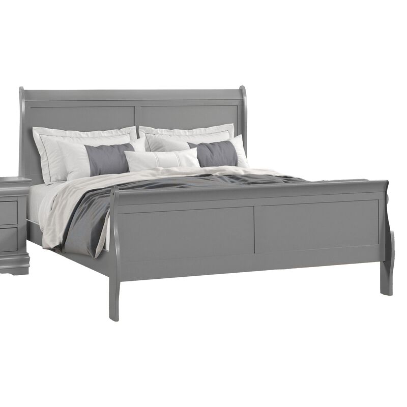 Ryla Queen Size Bed, Sleigh Panel Headboard, Classic Light Gray Solid Wood - Benzara