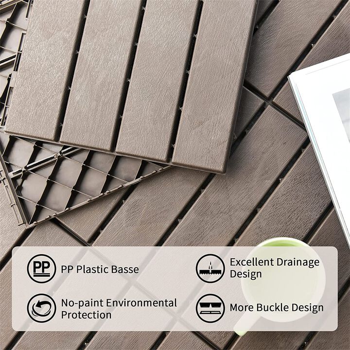 CLIHOME 12"x12" Square Composite Decking Tiles,Outdoor Patio Four Slat Plastic Interlocking Deck Tiles(Pack of 44)