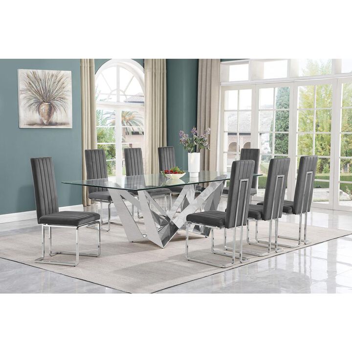 9pc Large(94") glass top dining set with silver base and 8 Dark grey side chairs