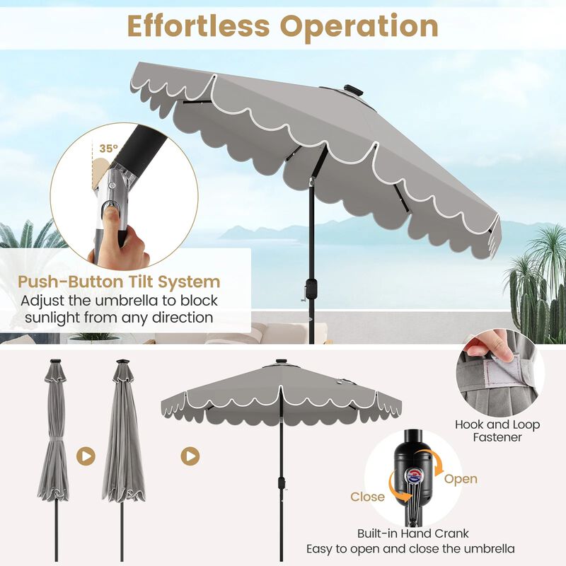 9.3 FT Solar Patio Umbrella with 24 LED Lights Vented Top and Ruffles image number 6