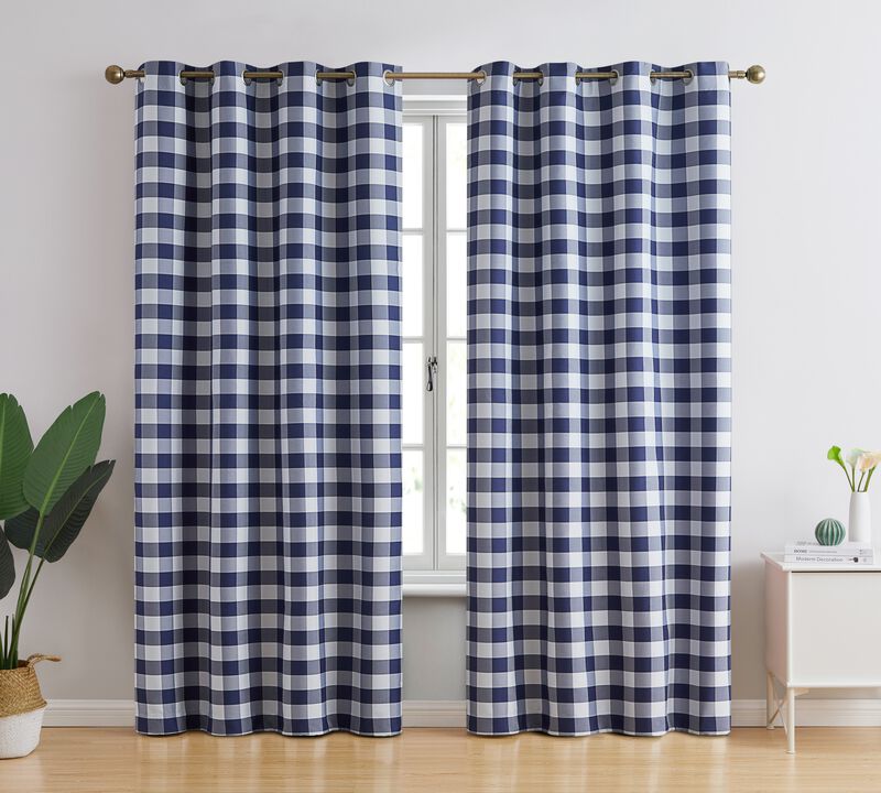 THD Meadow Buffalo 100% Complete Blackout Thermal Insulated Energy Savings Heat/Cold Blocking Short Grommet Curtain Drapery Panels for Bedroom & Living Room, Set of 2