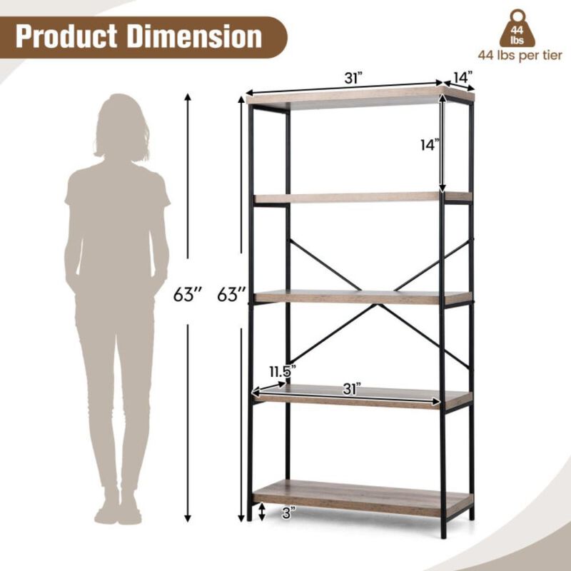 Hivvago 5-Tier Industrial Bookshelf Display Storage Rack with Metal Frame