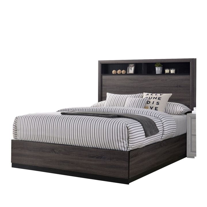 Transitional Wooden Queen Size Platform Bed with Bookcase Headboard, Gray-Benzara