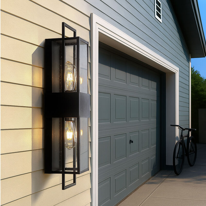 Modern Outdoor Wall Light with Dusk to Dawn Sensor H26'' Black Exterior Wall Lantern with Seeded Glass 2-Light Waterproof image number 3